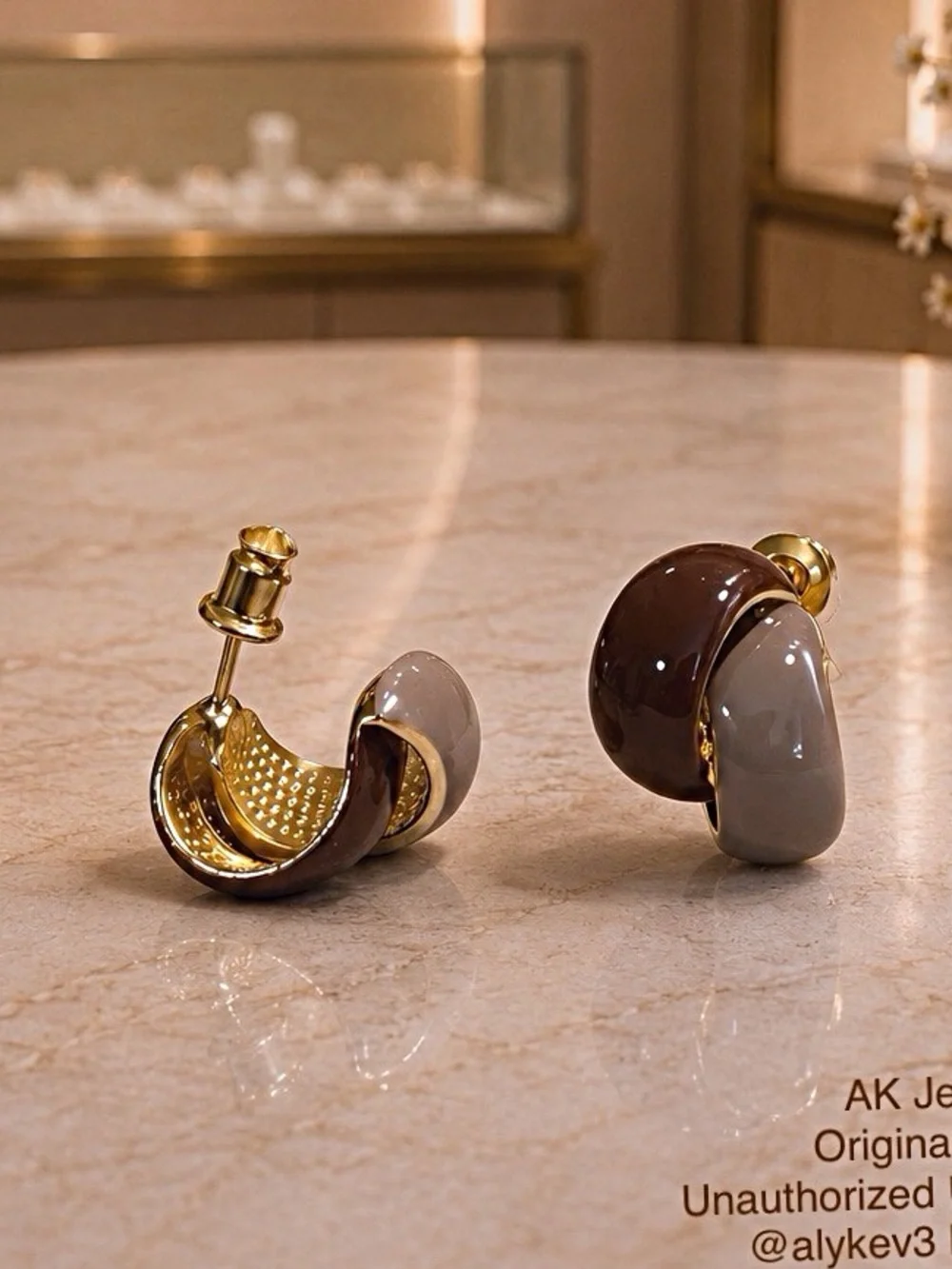 💎 Luxury Sculptural Two-Tone Enamel Hoop Earrings – Mocha & Taupe | AK Jewelry™